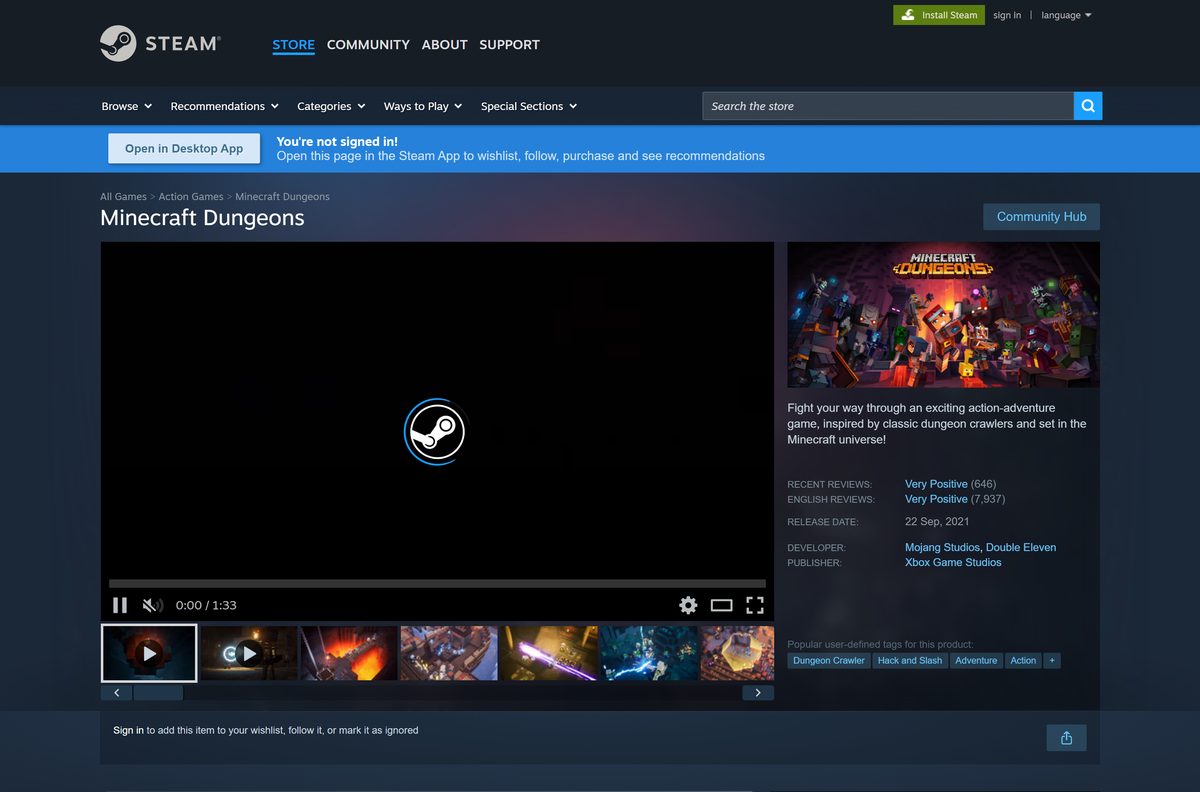 Steam store page for Minecraft Dungeons with editions and prices