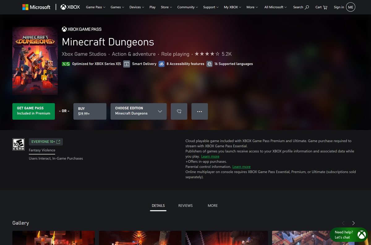 Xbox console listing for Minecraft Dungeons with cloud play details
