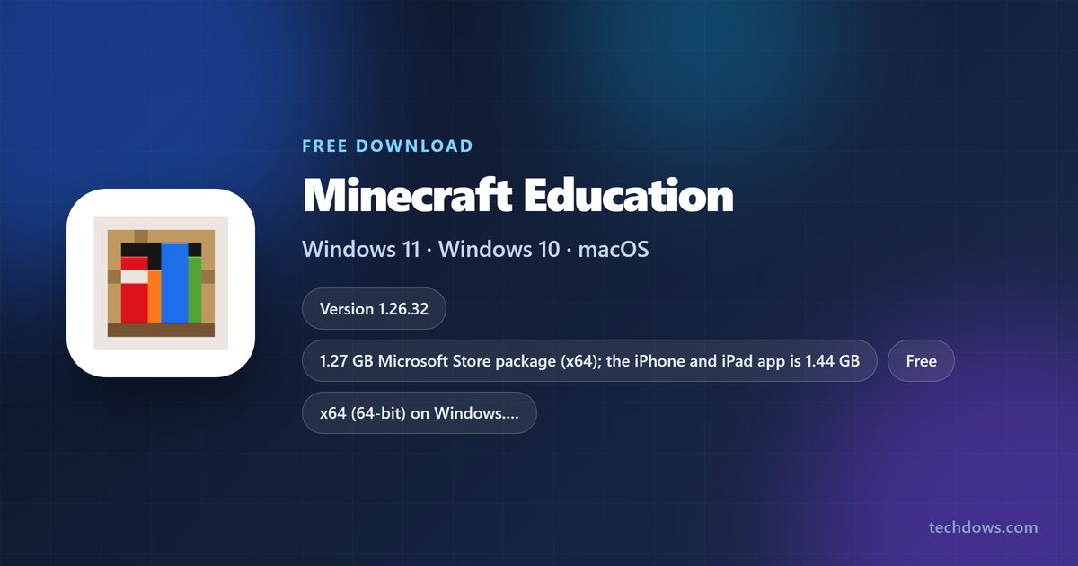 Minecraft Education spec card with version, size and supported systems
