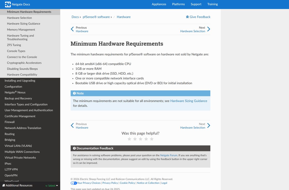 pfSense CE minimum hardware requirements for CPU, memory and storage