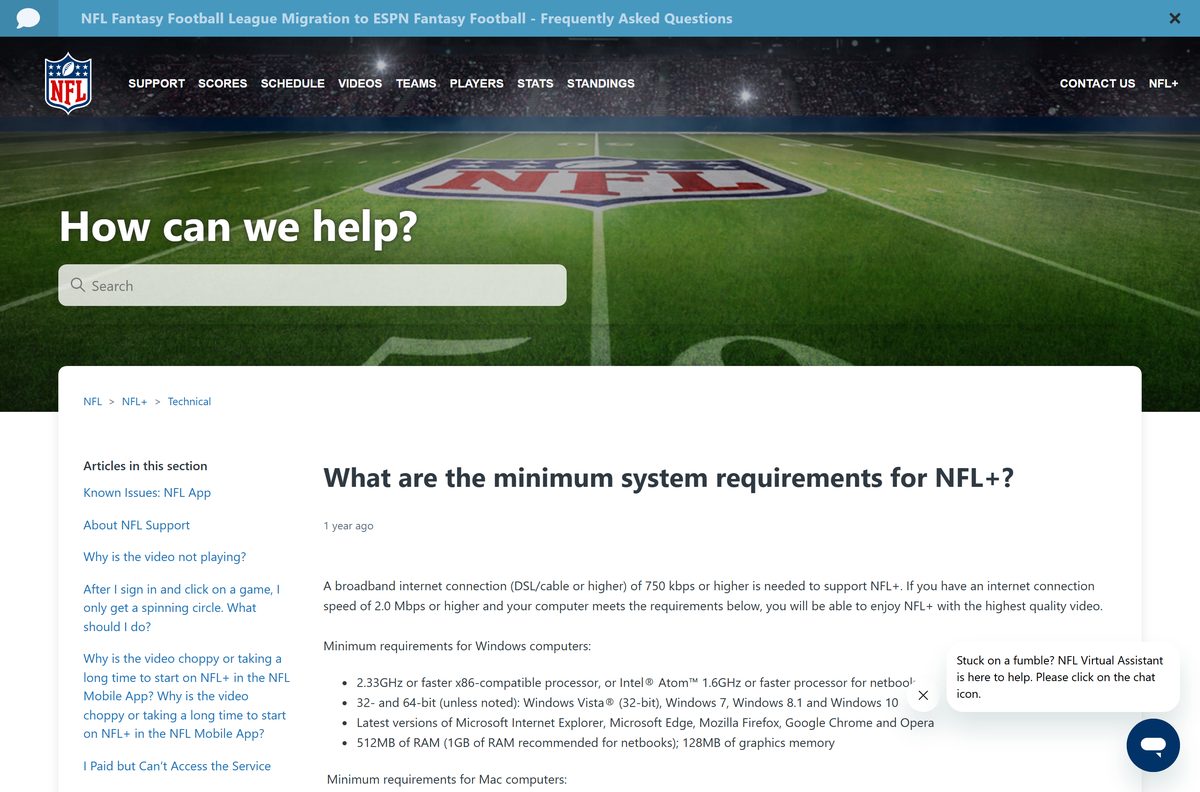 Support page listing minimum processor, memory and browser requirements