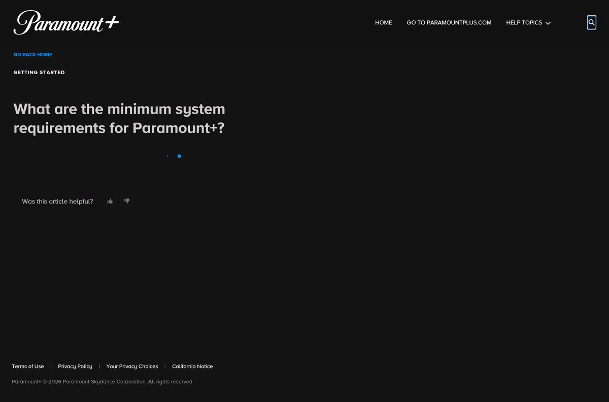 Support page listing minimum bandwidth and browser versions for Paramount+