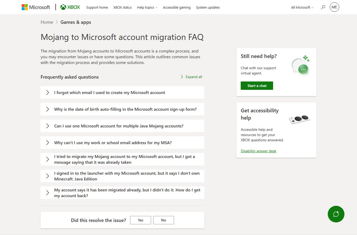Mojang to Microsoft account migration FAQ page with Expand all link