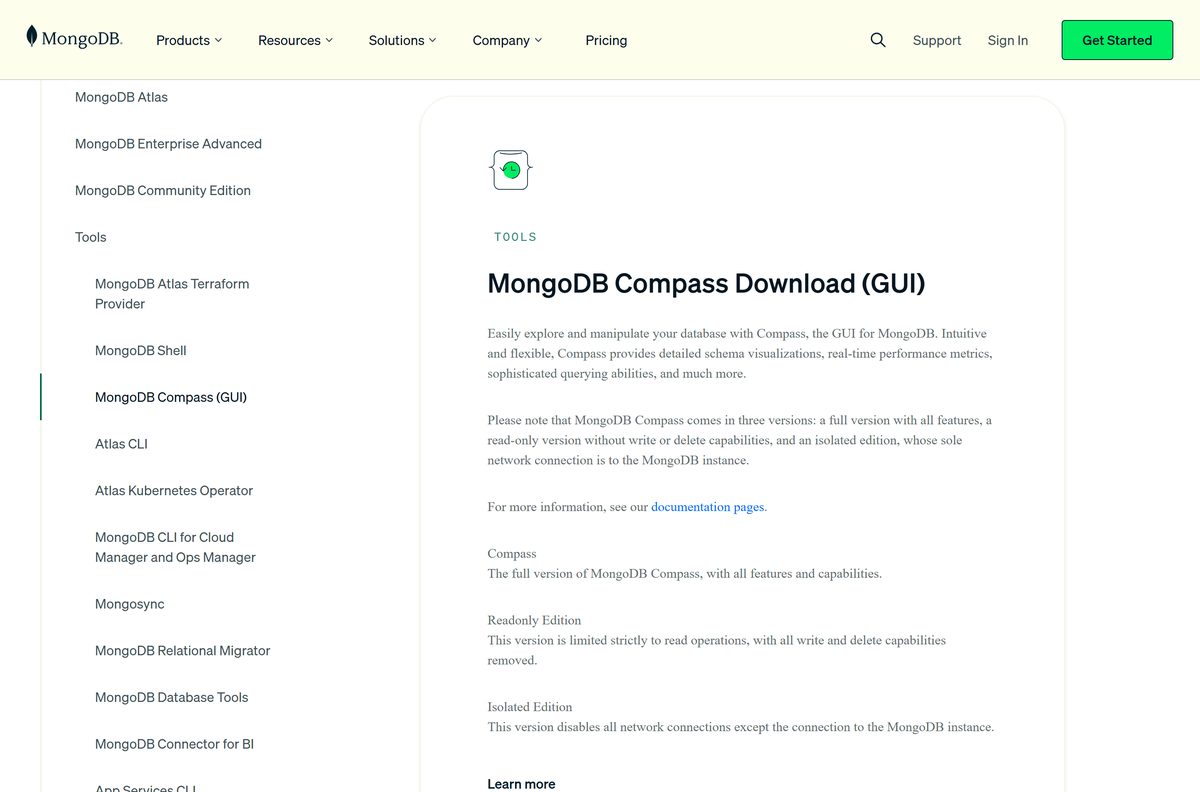 MongoDB Compass download page with version, platform and package menus