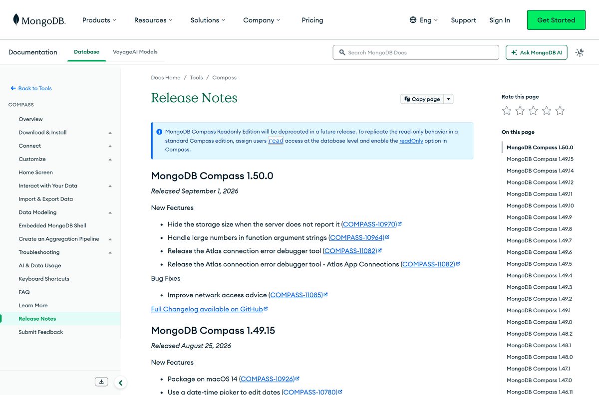 MongoDB Compass release notes listing new features and bug fixes