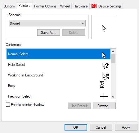 Mouse Properties Pointers tab showing the pointer Customize list