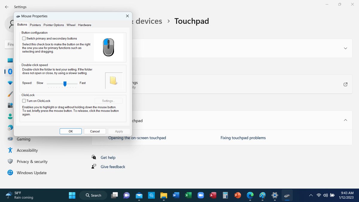 Mouse Properties dialog open over the Windows Touchpad settings page