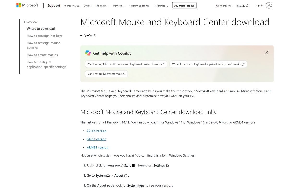 Microsoft support page with 32-bit, 64-bit and ARM64 download links