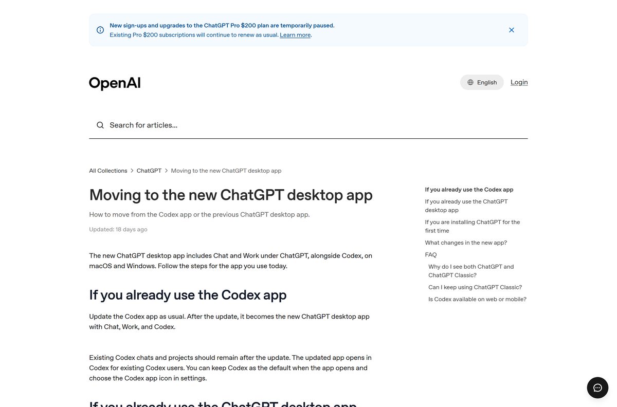 OpenAI help article on moving to the new desktop app