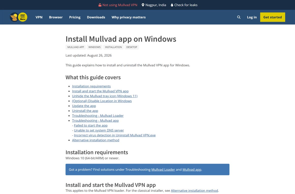 Mullvad VPN Windows install guide with numbered setup steps