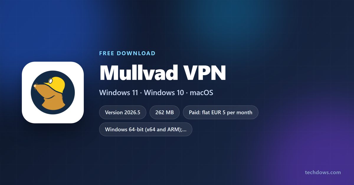 Mullvad VPN download card with version, size and supported systems