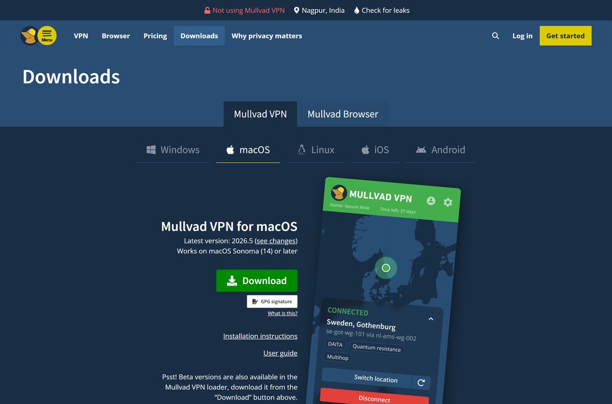 Mullvad VPN macOS download page with DMG and PKG installers