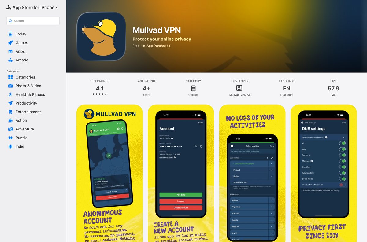 Mullvad VPN listing on the Apple App Store for iPhone