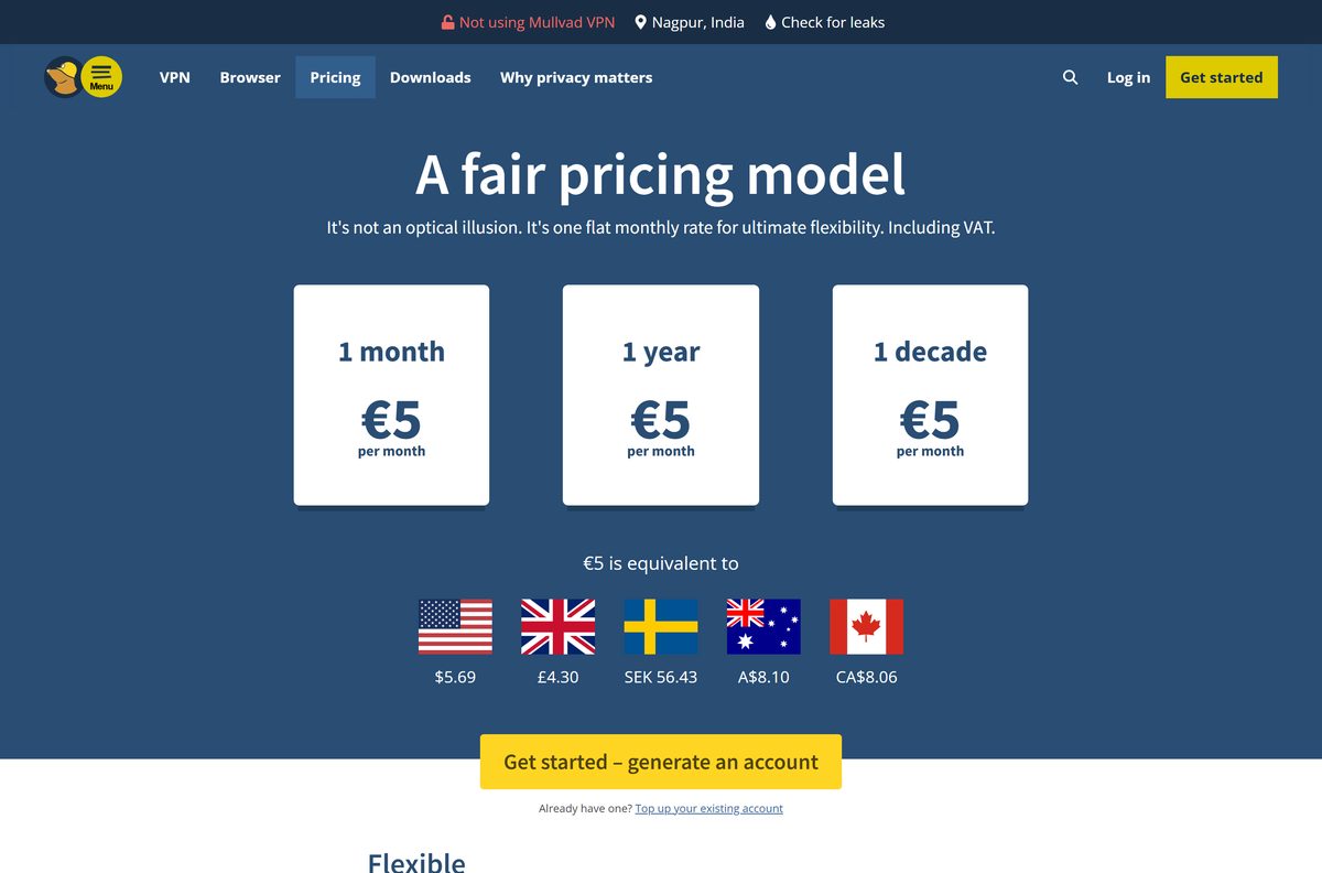 Mullvad VPN pricing page showing the flat monthly price