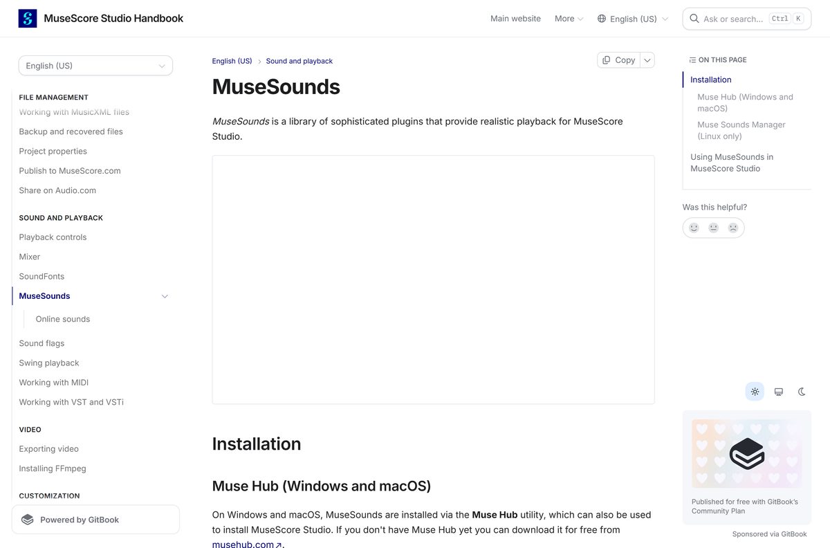 Handbook page explaining how MuseScore Studio playback libraries install