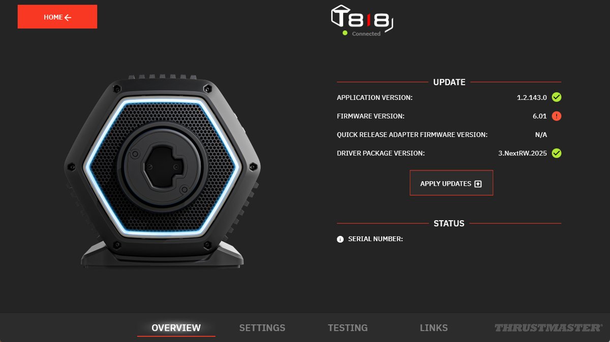 My Thrustmaster Panel showing a connected T818 base with Overview, Settings and Testing tabs