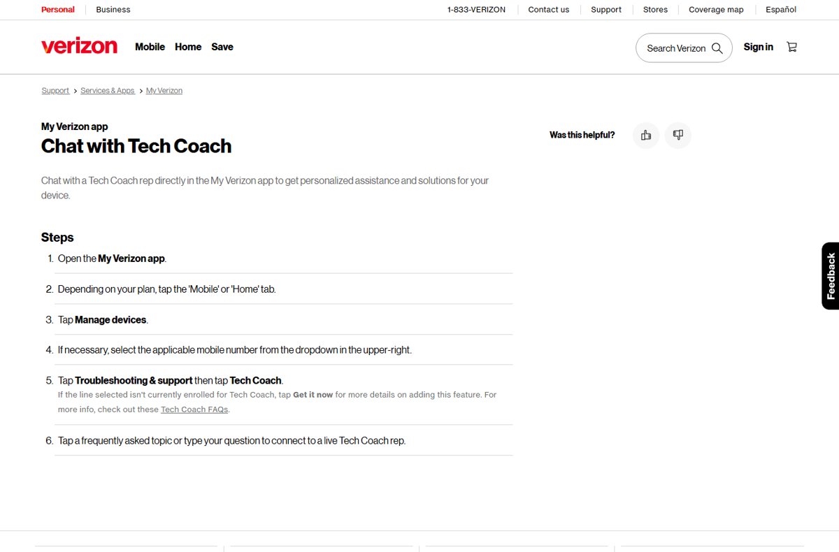 My Verizon app steps for starting a Tech Coach chat