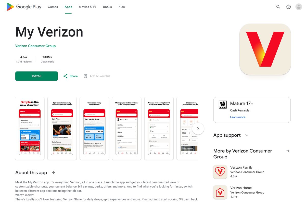 Google Play listing for My Verizon with downloads and rating