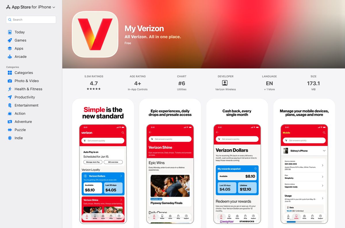 App Store page for My Verizon showing size and compatibility