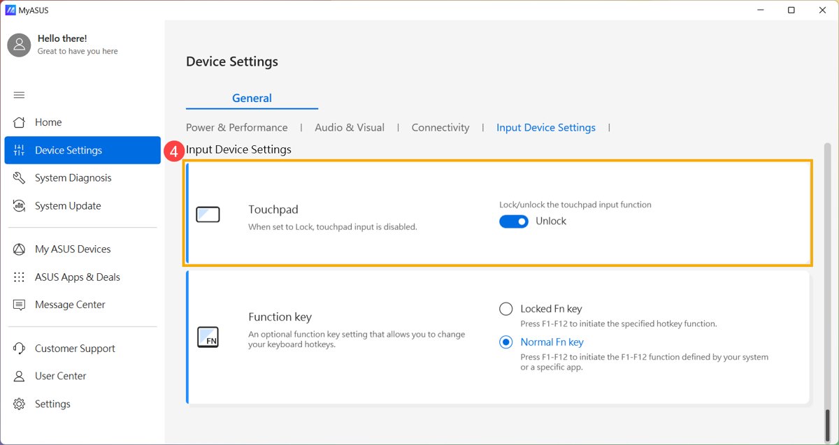 MyASUS Input Device Settings screen with Touchpad set to Unlock
