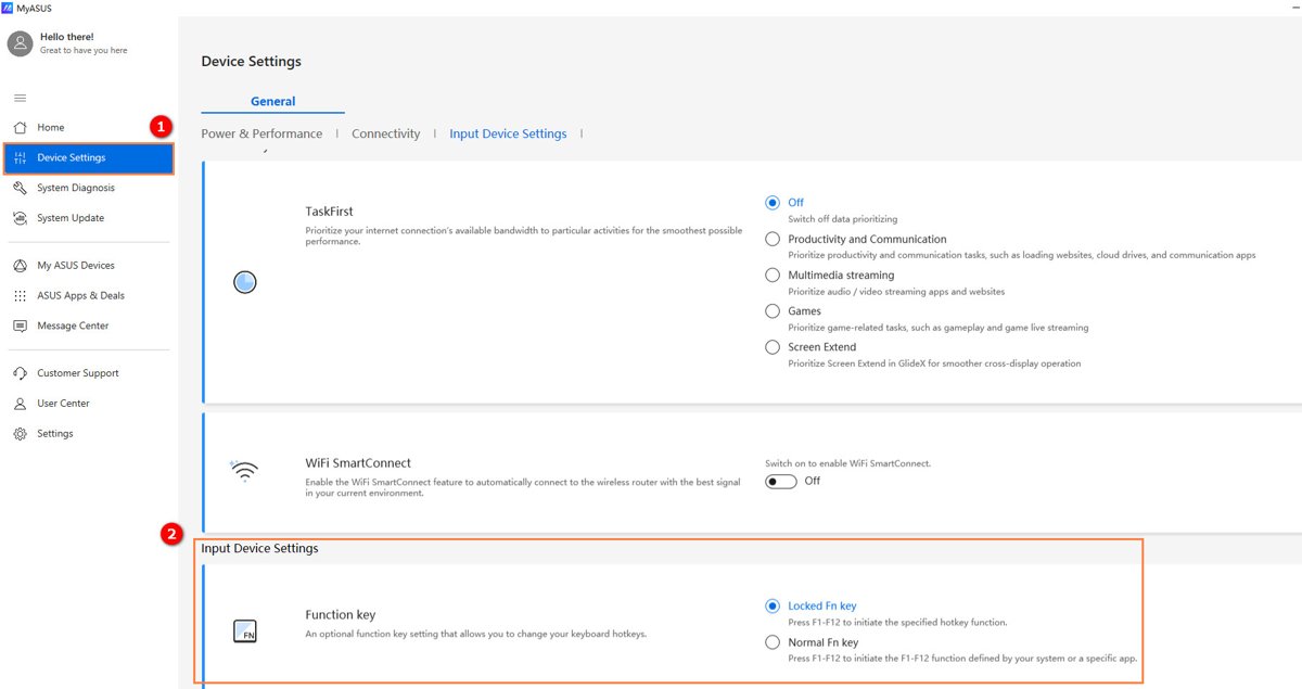 MyASUS Input Device Settings showing Locked Fn key and Normal Fn key options