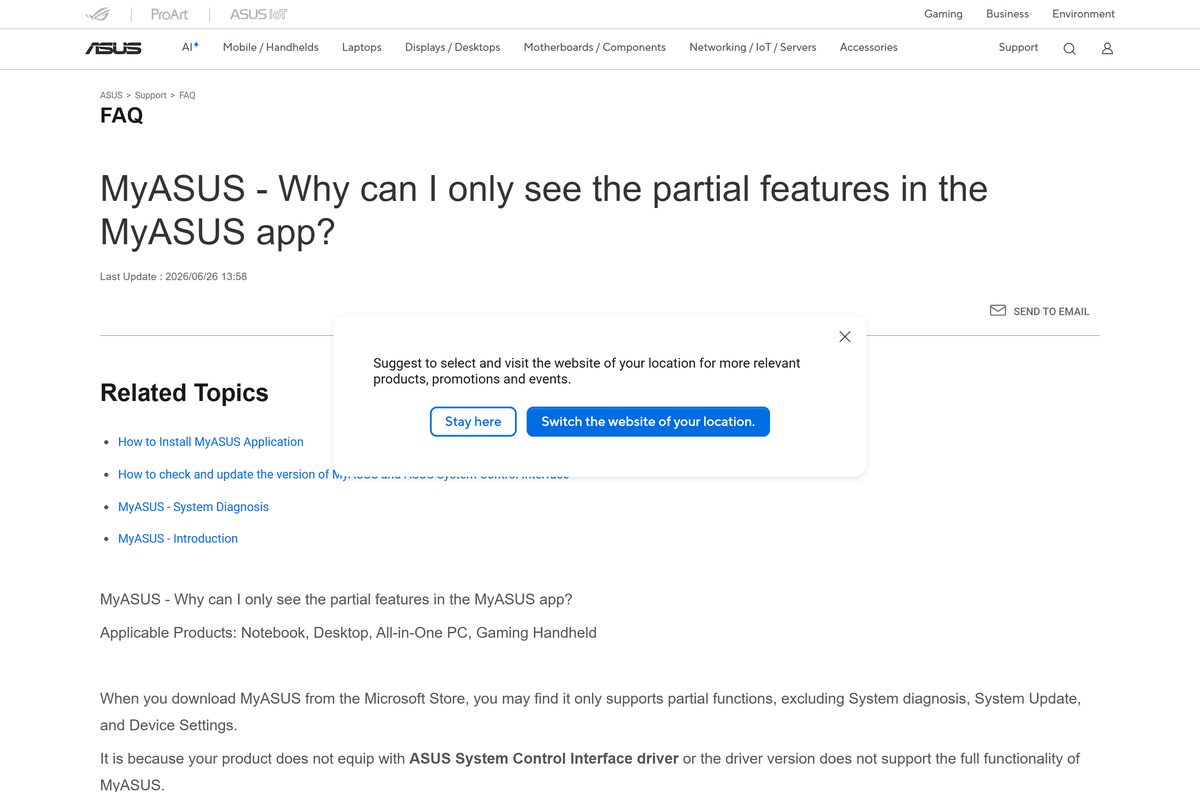 ASUS table of MyASUS features for each driver version