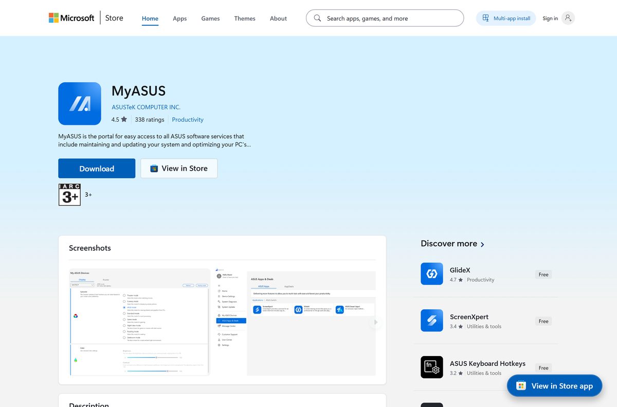Microsoft Store listing for MyASUS with publisher and Install button