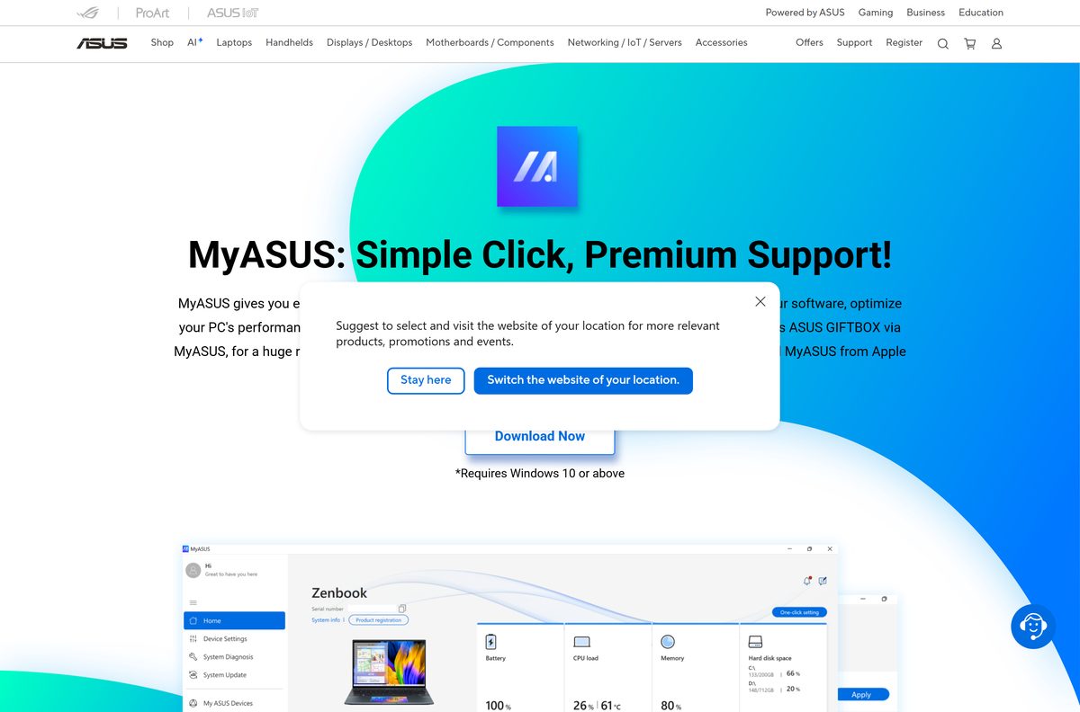 ASUS support page promoting the MyASUS app and its download button