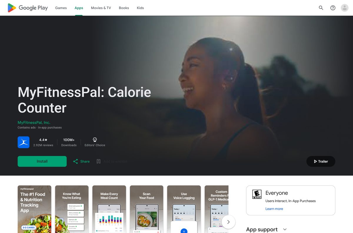 Google Play listing for MyFitnessPal showing downloads and Editors' Choice