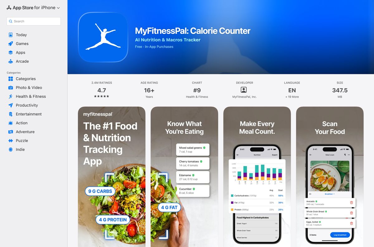 App Store page for MyFitnessPal with its size and rating