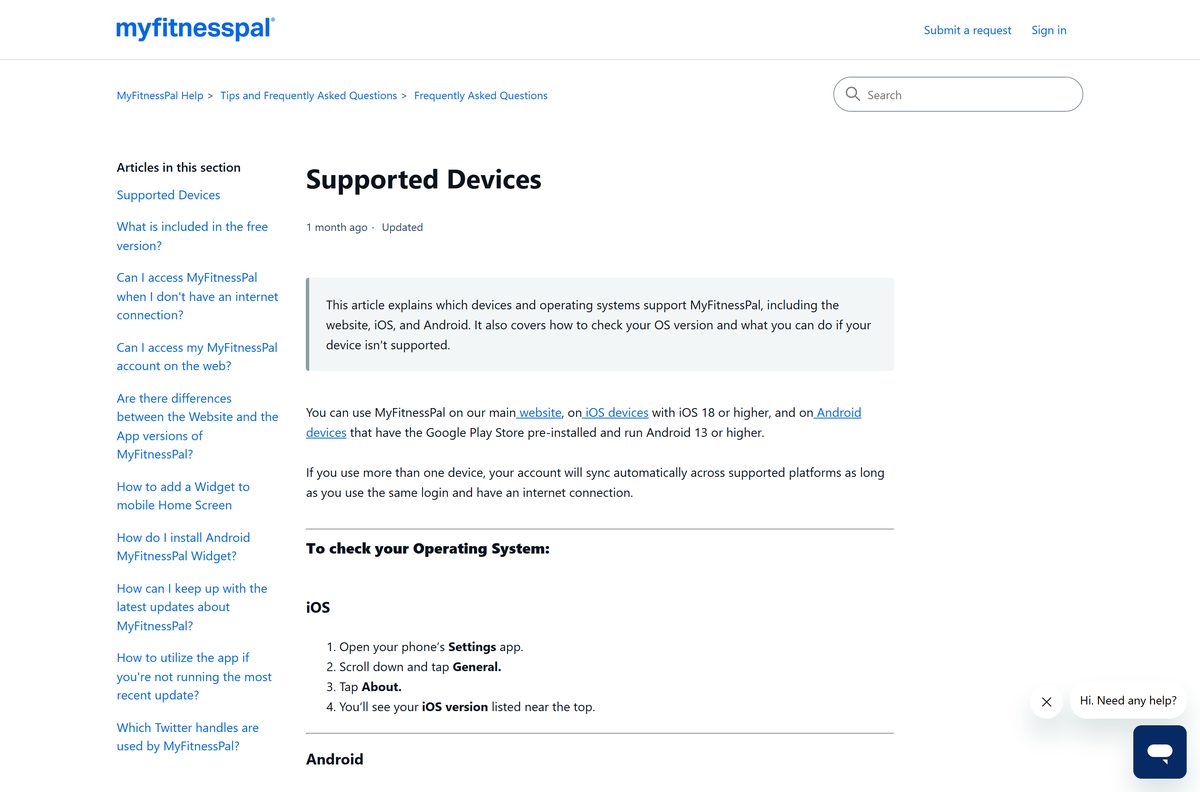 MyFitnessPal help page listing supported devices and versions