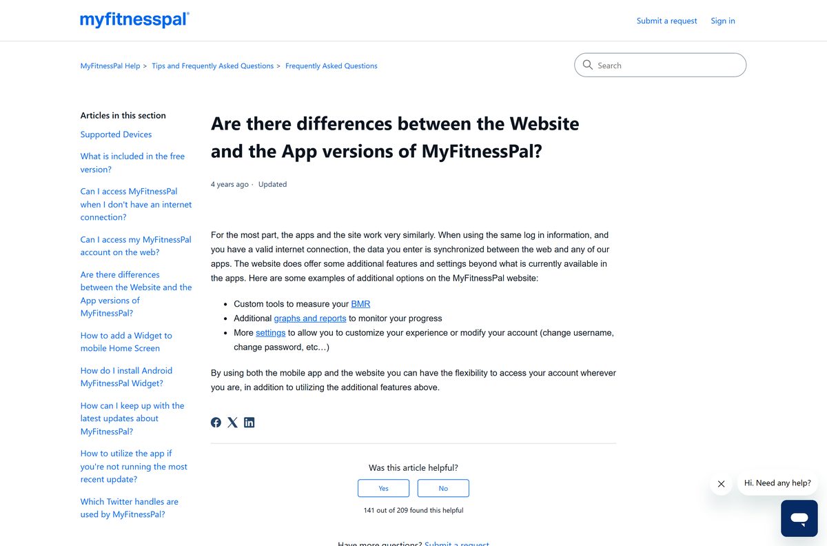 MyFitnessPal help article comparing the website and the phone apps