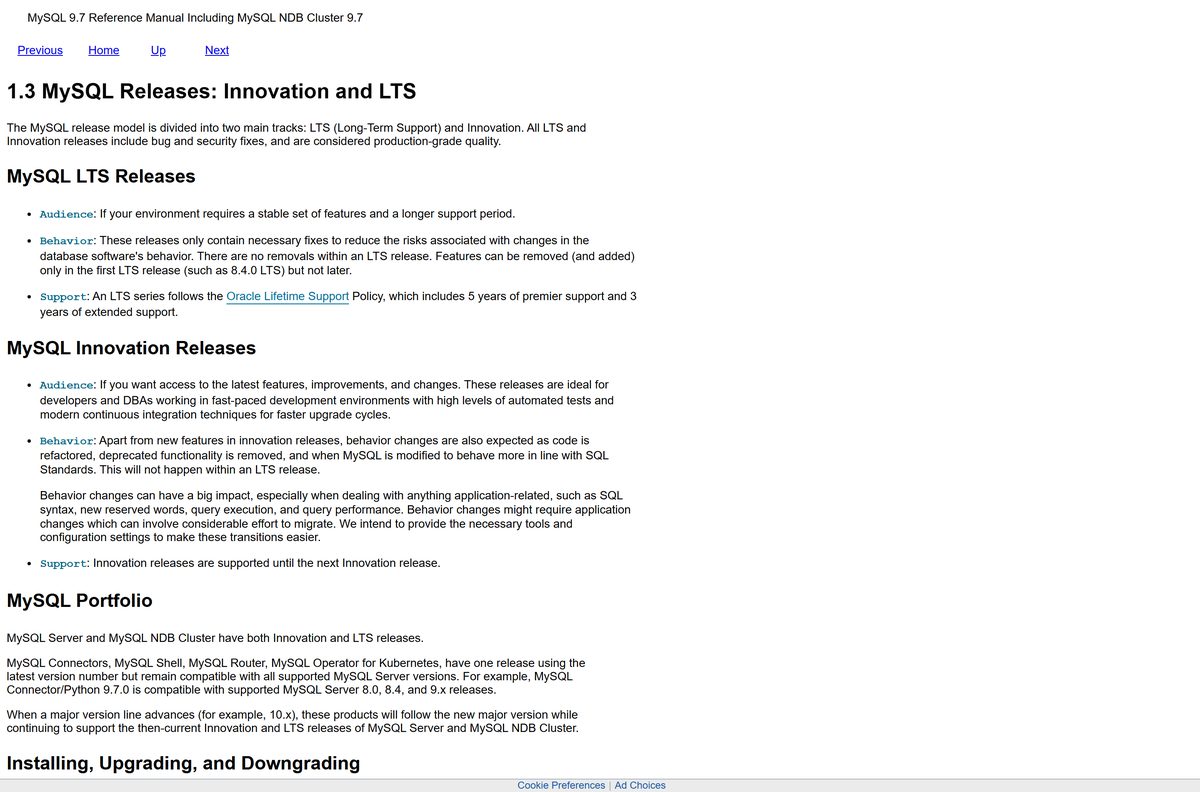 Oracle page comparing MySQL LTS and Innovation release tracks