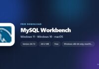 MySQL Workbench specification card with version, licence and package sizes