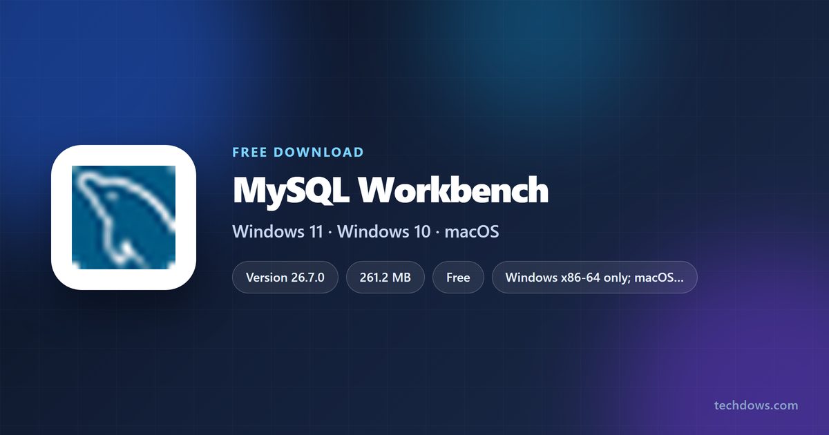 MySQL Workbench specification card with version, licence and package sizes