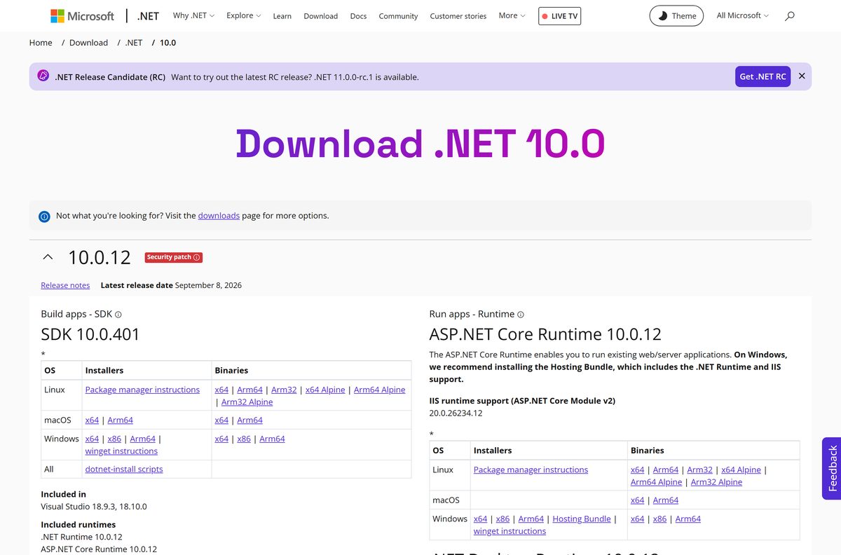Microsoft download page listing version 10.0 installers for Windows and Mac