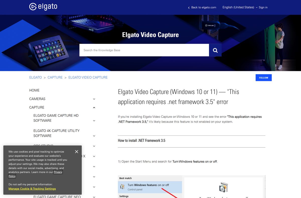 Windows features dialog with .NET Framework 3.5 ticked for Elgato Video Capture