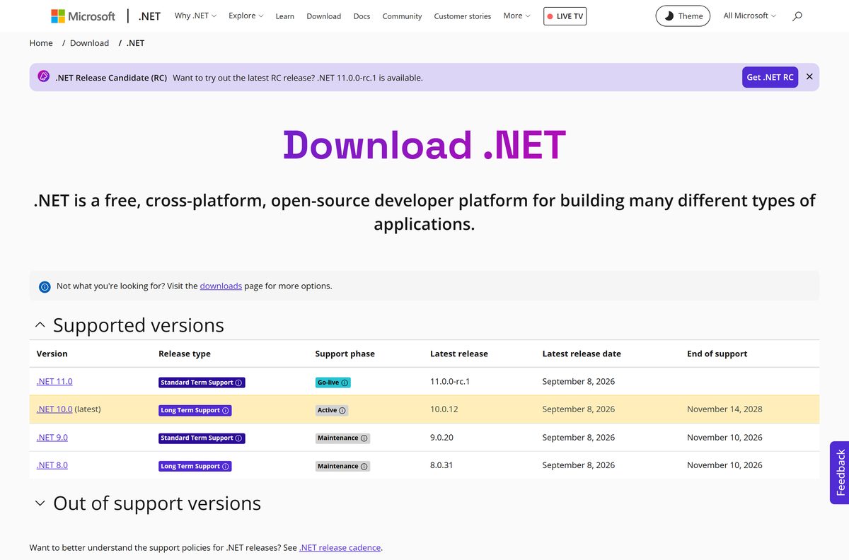 Downloads hub marking the current release as Long Term Support