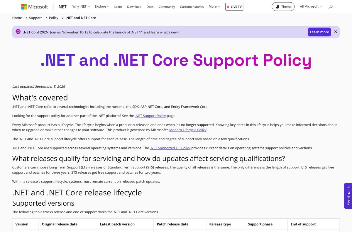 Support policy table showing release dates and end of support dates