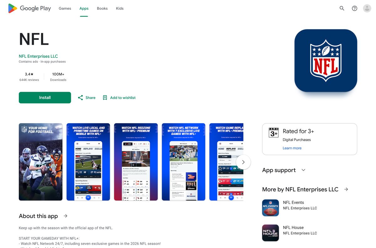 Google Play listing for NFL with rating, install count and update date