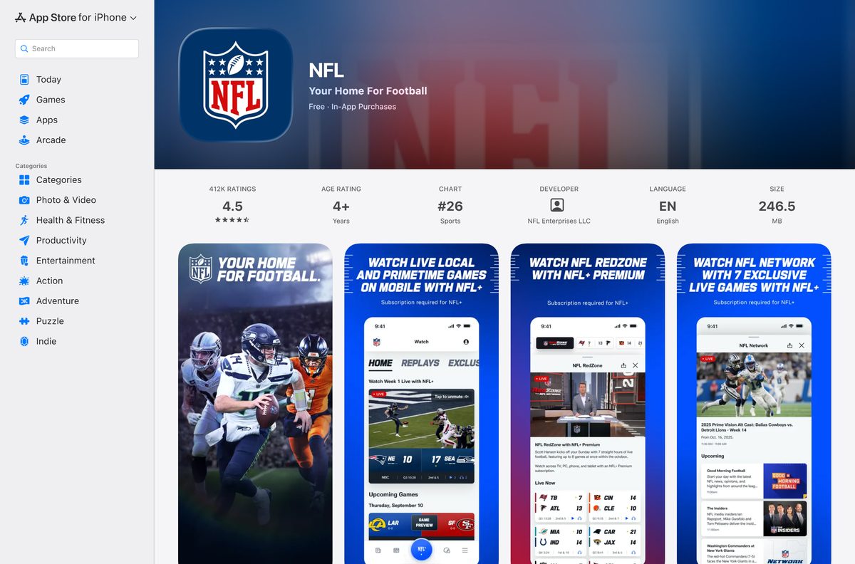 App Store page for NFL showing size, rating and device compatibility