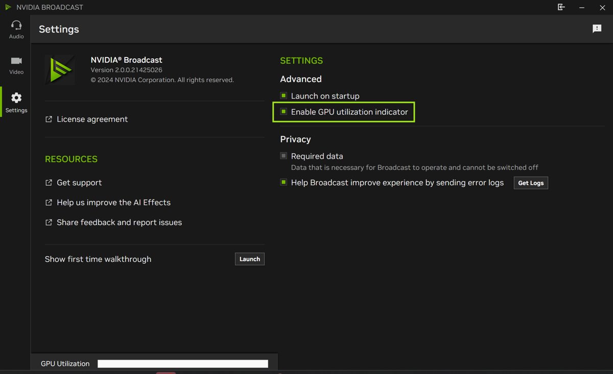 NVIDIA Broadcast Settings panel with GPU utilization indicator highlighted