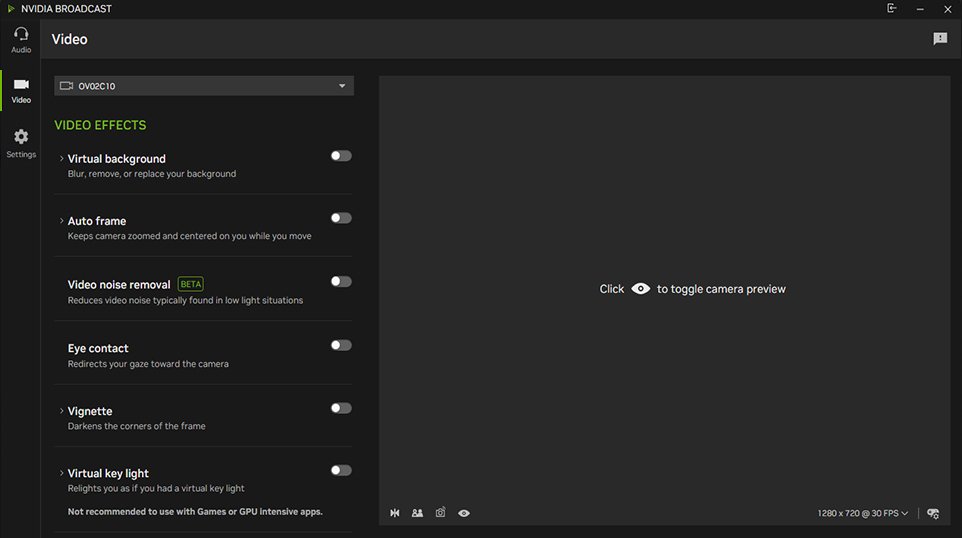 NVIDIA Broadcast camera panel listing background, auto frame and eye contact effects