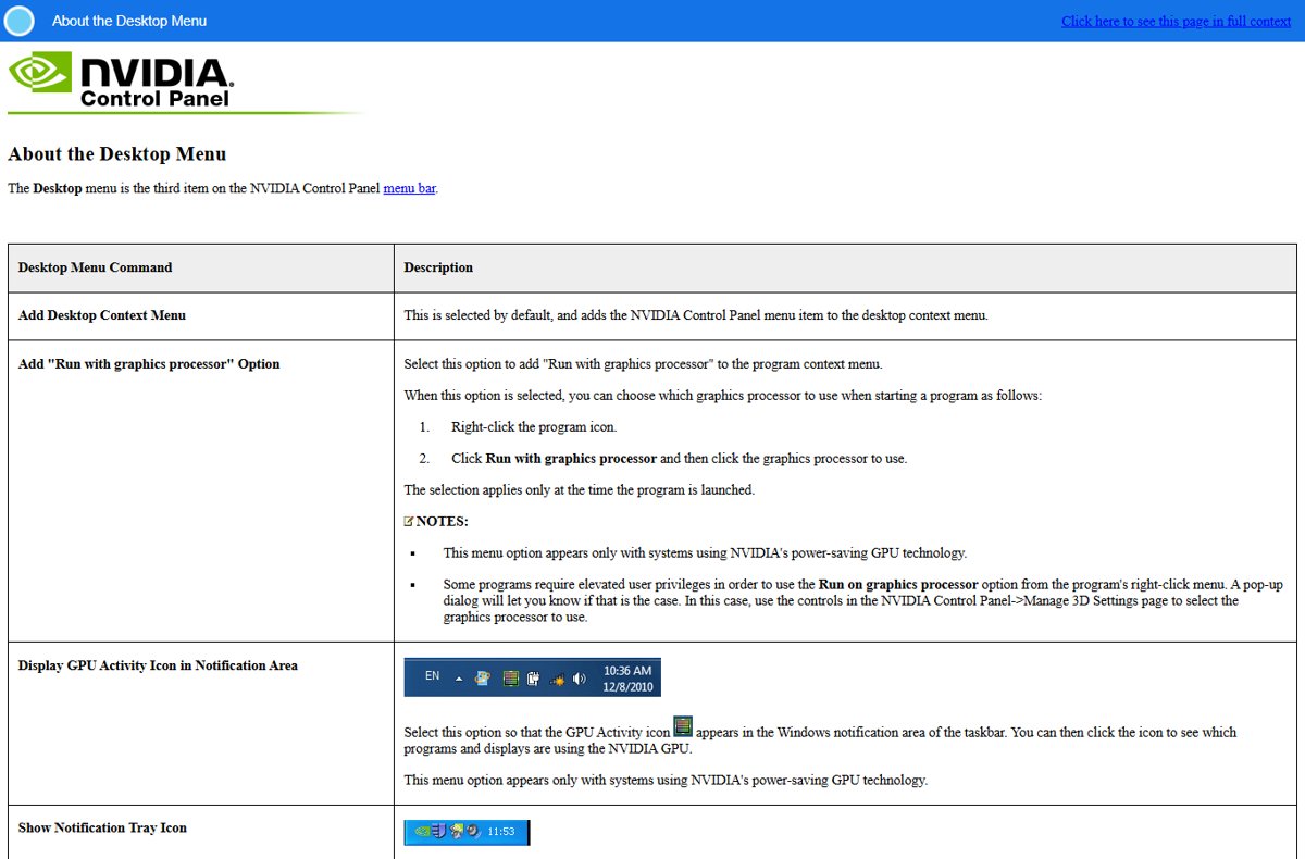 NVIDIA Control Panel Desktop menu help page with taskbar icon example