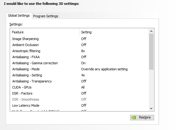 NVIDIA Control Panel Global Settings tab listing 3D feature options