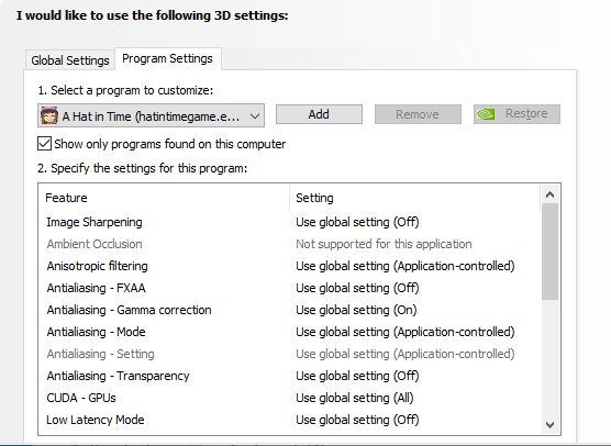 NVIDIA Control Panel Program Settings tab with a game selected