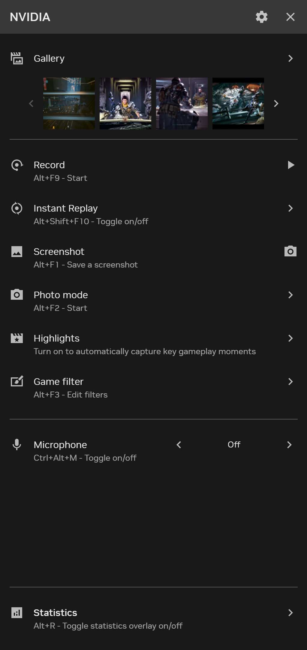 NVIDIA Overlay panel listing Record, Instant Replay, Screenshot and Statistics