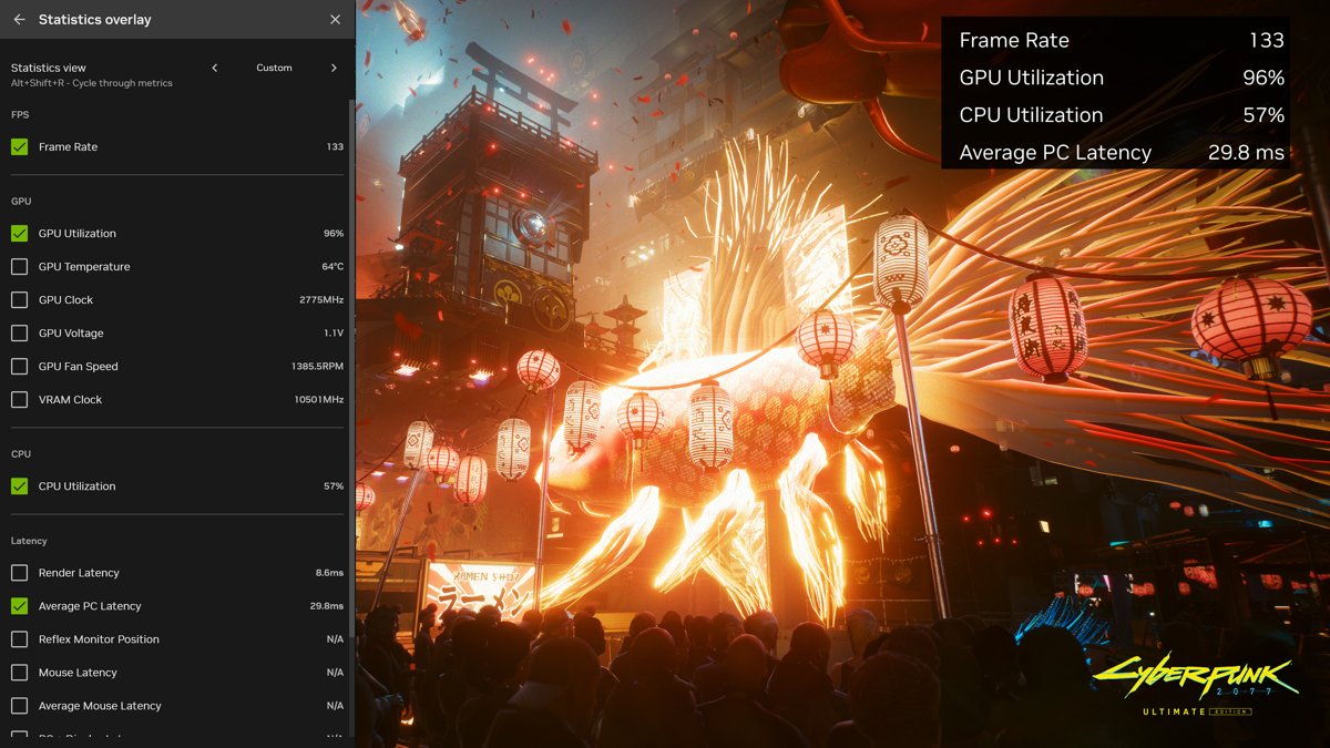 NVIDIA Statistics overlay showing frame rate, GPU and CPU usage