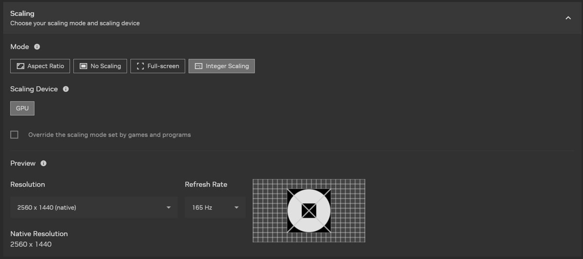 NVIDIA app display scaling panel with Full-screen and Integer Scaling options