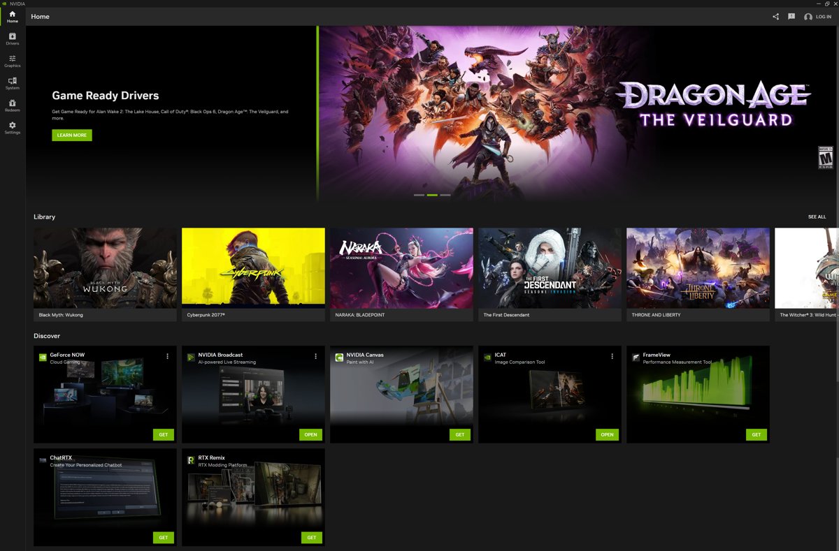 NVIDIA app home screen with Drivers, Graphics and System tabs